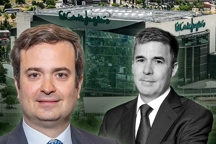 Fachada de El Corte Inglés con directivos representando el relevo en la dirección general de la compañía en 2025.