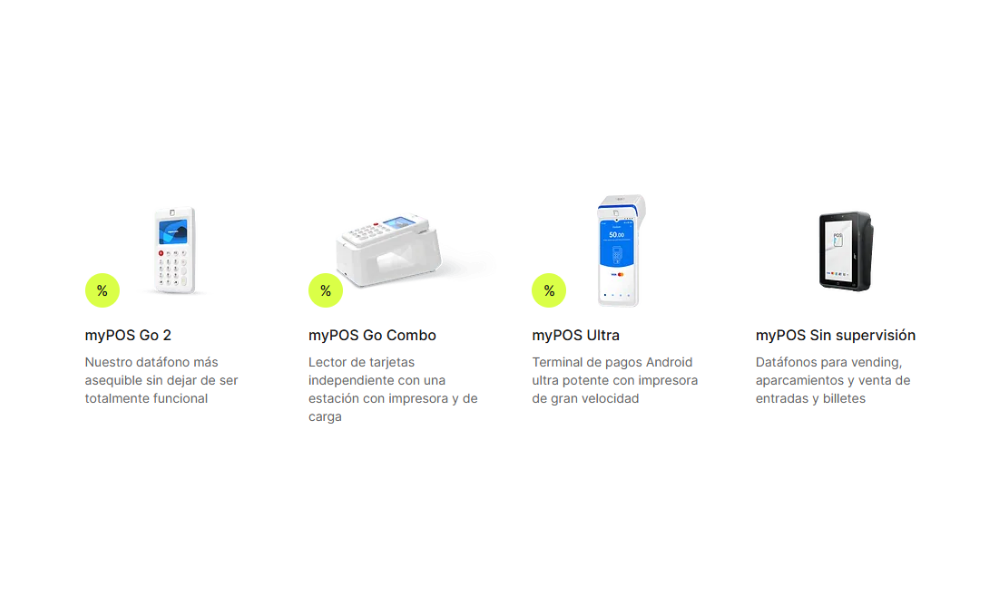 Modelos de datáfonos myPOS: myPOS Go 2, myPOS Go Combo, myPOS Ultra y myPOS Sin supervisión, comparativa visual de TPV myPOS para negocios.