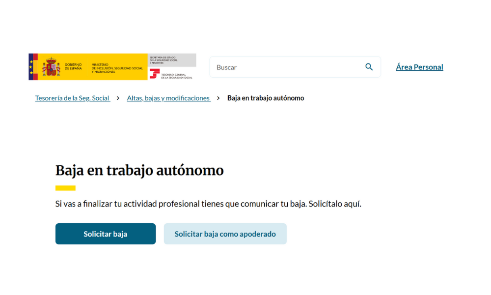 Captura de pantalla mostrando el proceso de baja de autónomo en la Seguridad Social, con el formulario online y los pasos necesarios para completar correctamente la baja seguridad social autónomo. Ideal para guiar a quienes quieren tramitar su baja sin errores