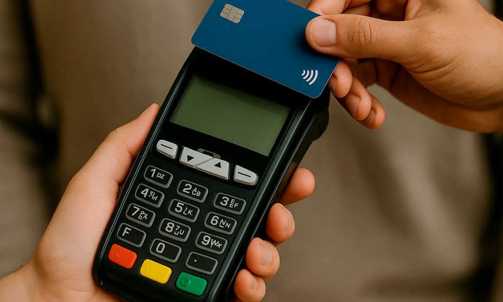 Pago con tarjeta en un TPV registrando una operación para informes de ventas