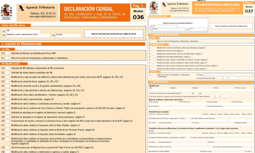 Modelos 036 y 037 de la Agencia Tributaria para darse de alta y saber como hacerse autonomo en españa.